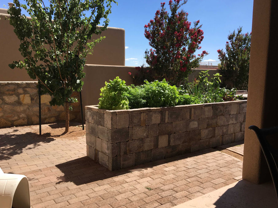 Raised concrete block garden planter with vegetables and herbs on a paver patio, available at Garden Center.