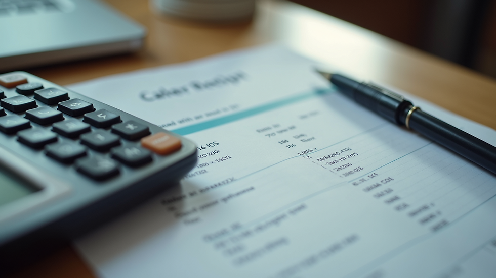 High angle view of a calculator and a receipt on a desk