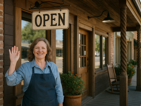Local shop owner cheerfully welcomes customers while standing outside her store, ready for a new day of business.
