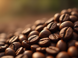 Close-up de grãos de café torrados com brilho natural