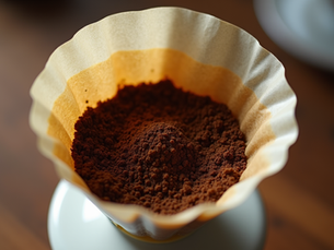     Close-up eye-level view of V60 coffee dripper with freshly ground coffee inside