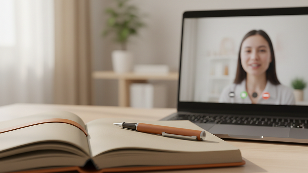 Close-up view of a notebook and pen beside a laptop during an online therapy session