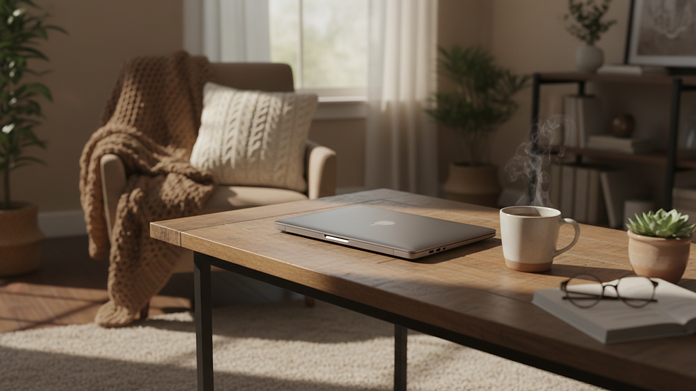 Eye-level view of a cozy home office setup with a laptop and a cup of tea