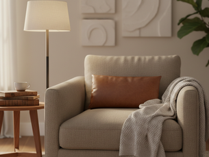 Close-up view of a cozy therapy room with a comfortable chair and soft lighting