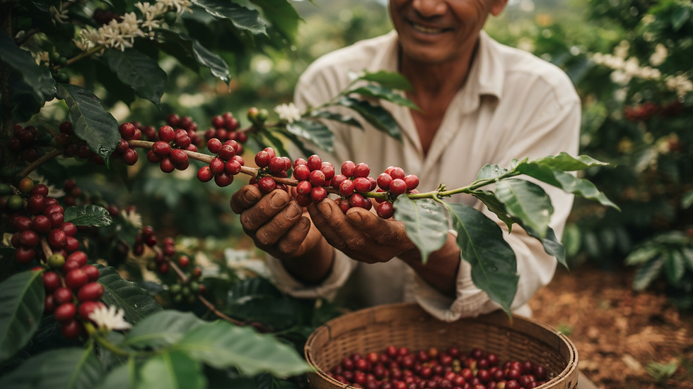 Close-up de grãos de café maduros em uma plantação artesanal