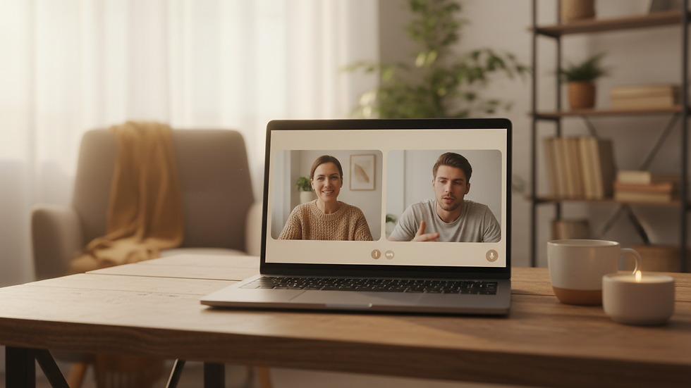 Eye-level view of a laptop on a desk with a video call therapy session in progress