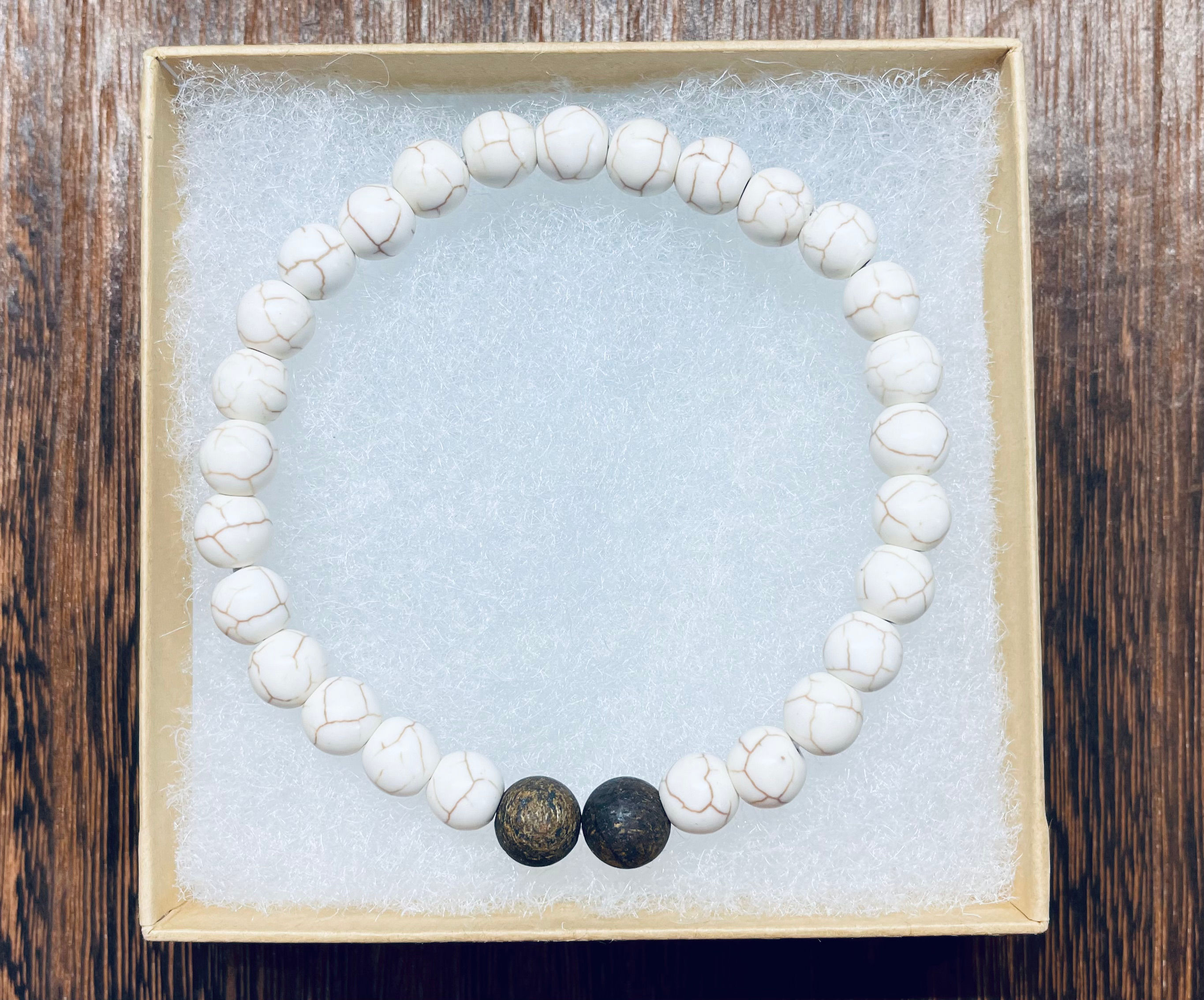 Reconstituted White Turquoise and Bronzite Beads
