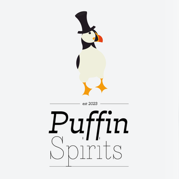 puffin with top hat with logo saying "est 2023, puffin spirits"