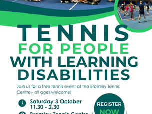 Group photo on a tennis court with players and coaches; banner reads Tennis for People with Learning Disabilities and Kent Tennis/Bromley Tennis Centre