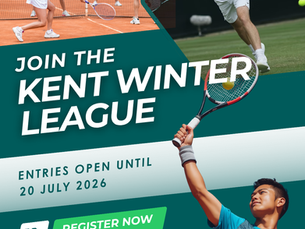 Tennis poster for the the Kent Head Inter Club League Winter 26-27, reading Join the Kent Winter League; register now, entries open until 20 July 2026