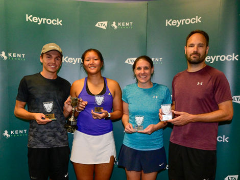 Kent Tennis County Championships Mixed Doubles finalists smiling for a photo holding their trophies