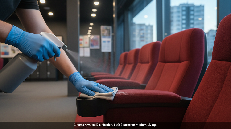 Close-up view of a professional cleaner disinfecting cinema armrest