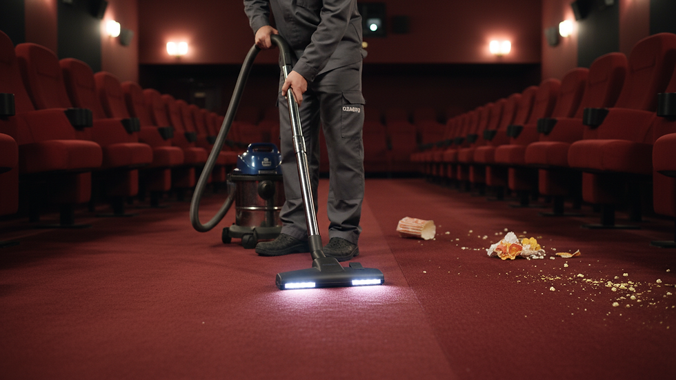 Close-up view of cleaning staff vacuuming cinema carpet