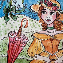 Hand Drawn Woman in a victorian dress with an umbrella for the Fashion Fun-Schooling Theme