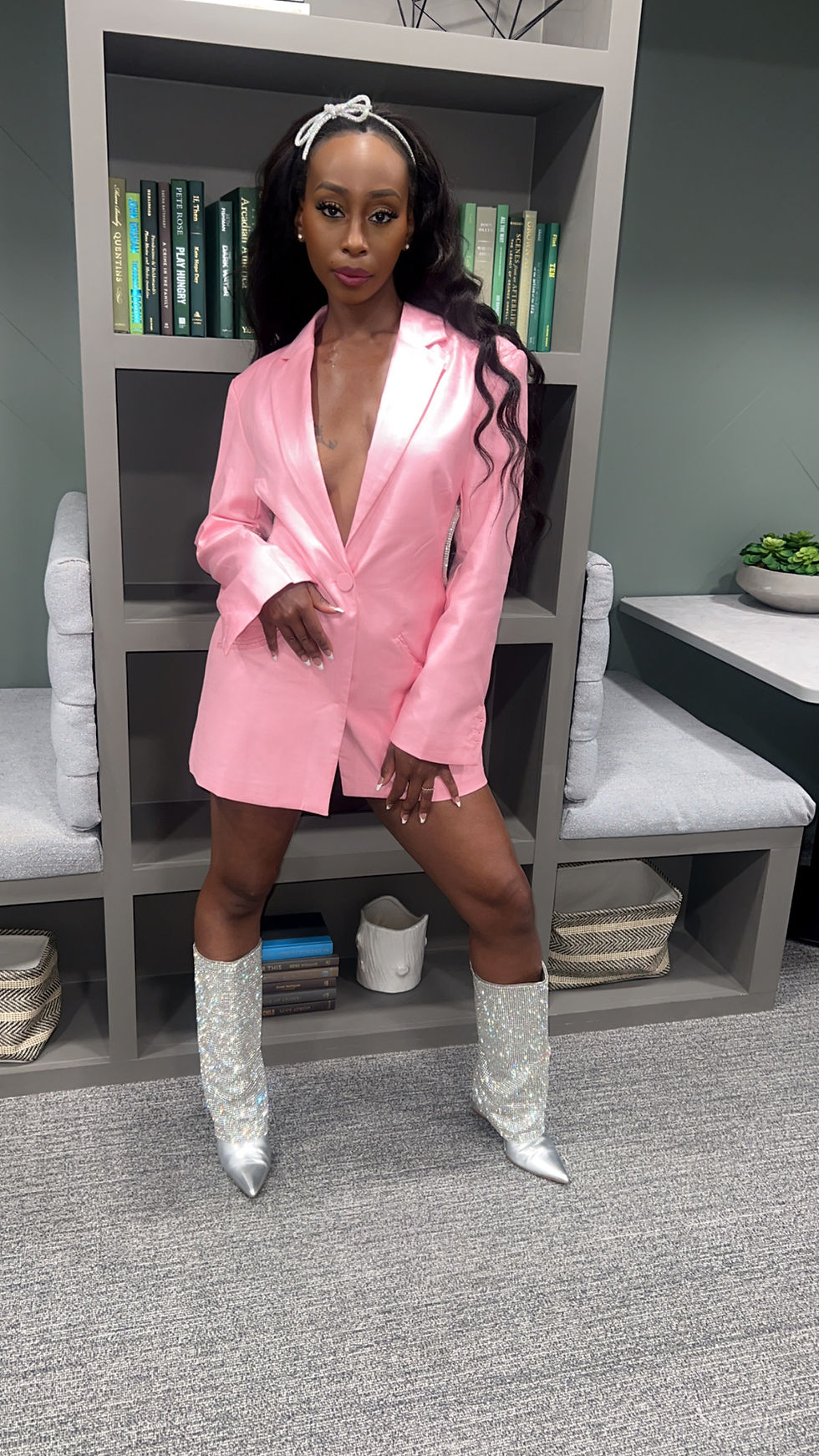 Short light pink blazer dress with rhinestone trim