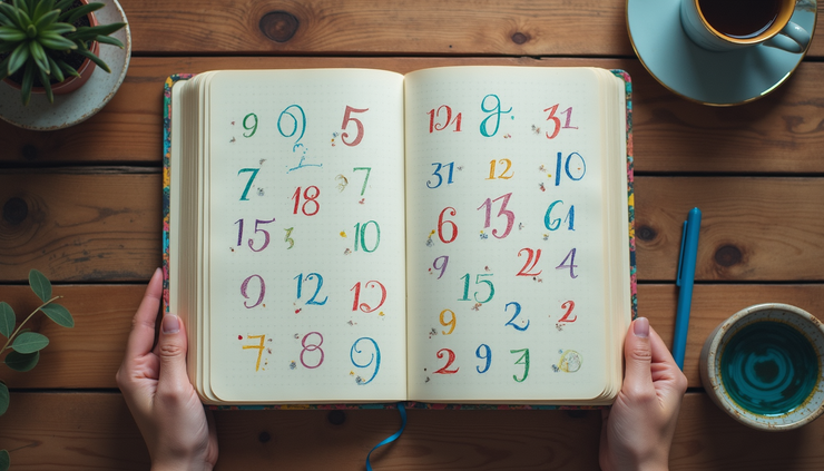 Vue en plongée d’un carnet ouvert avec des notes de numérologie et des chiffres colorés