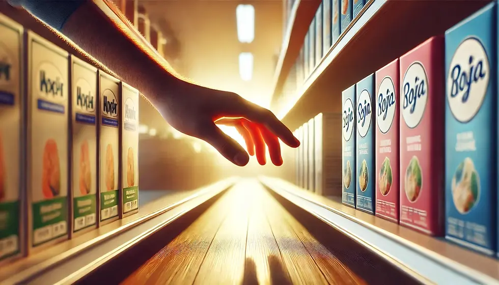 A hand deciding which branded product to buy