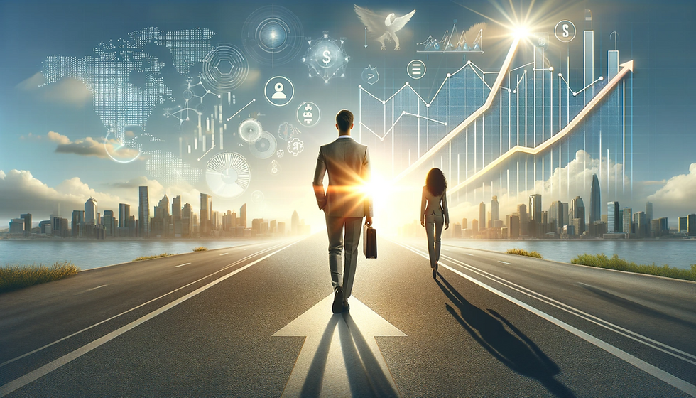 A business man and woman walking towards a city skyline to represent the path to revenue goals