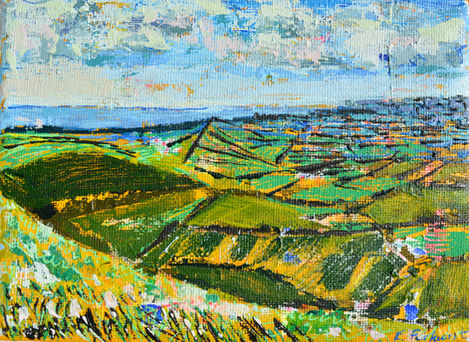Semi abstract loose palette knife painting of the coast of Dorset stretching out into Devon.