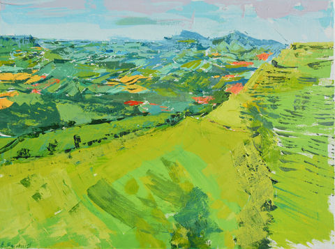 En Plein Air painting of iconic Eggardon Hill, Dorset, South West England in summer. 