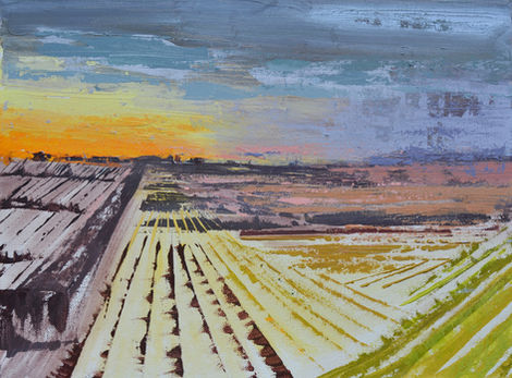 Farmer's tracks making the marks of the winter landscape as the sun comes up over Dorset's agricultural land.