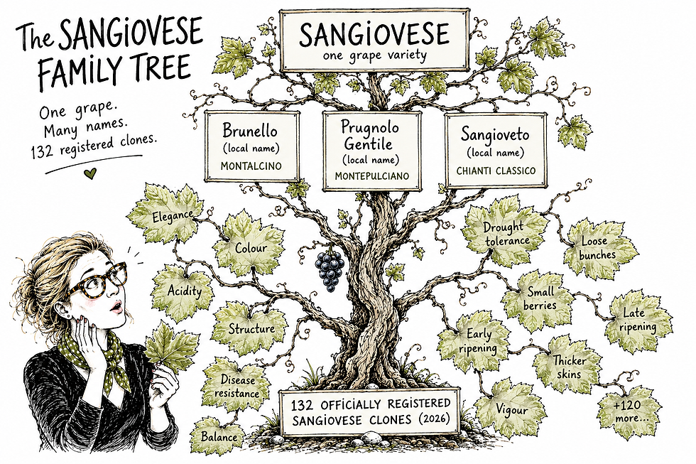 Untangling local names of grapes - they are the same (Sangiovese) - and there are many clones.