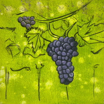 Cluster of purple grapes hanging from vine with green leaves set against vibrant lime green background with sketch like lines and textured backdrop  