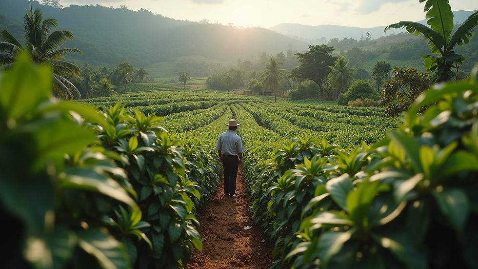 High angle view of a large coffee plantation with workers harvesting