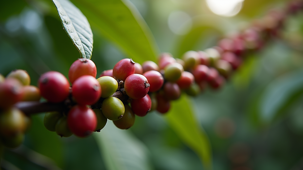 Close-up view of coffee cherries on a shaded coffee tree