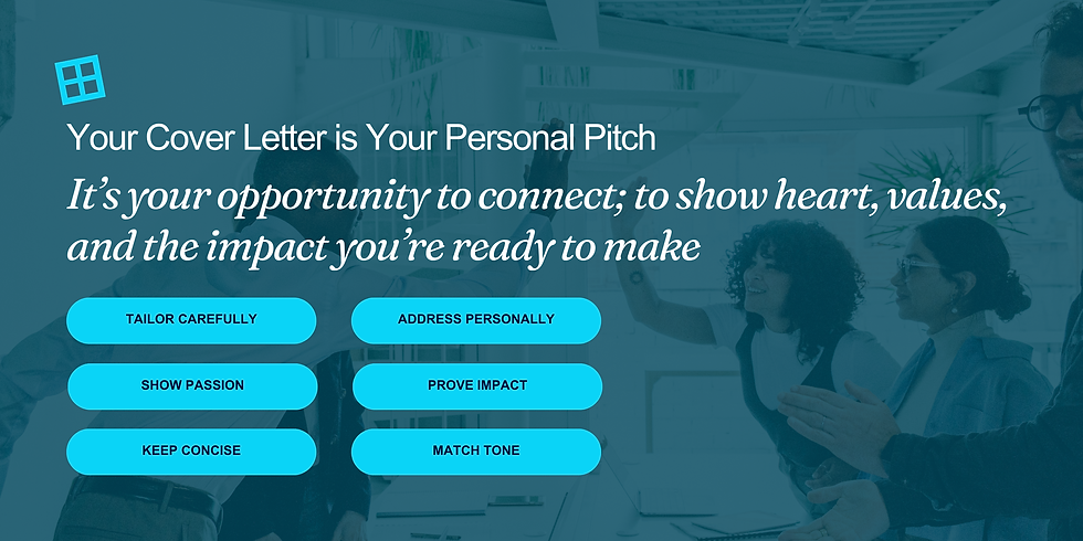 Cover letter tips. People discusses, smiling in a hospital. Text: "Your Cover Letter is Your Personal Pitch." Blue buttons: "Tailor, Address, Passion, Impact, Concise, Tone."