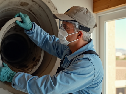 A certified HVAC technician wearing protective gear cleaning air ducts inside a modern home.