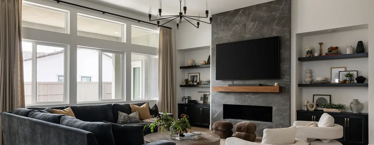 Sacramento contractor project — living room remodel with gray marble fireplace wall