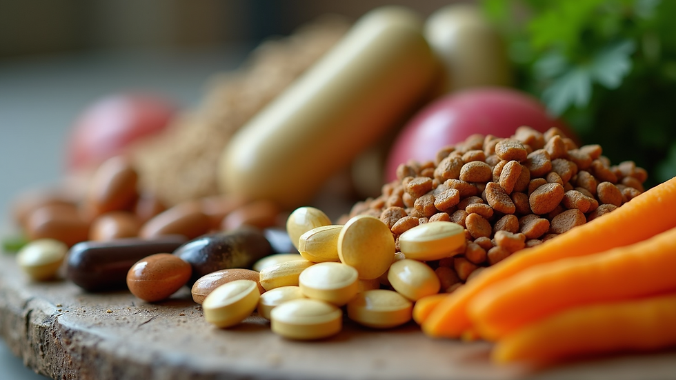Close-up view of a variety of raw ingredients used in health supplements