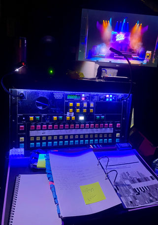 A deputy stage managers desk lit in blue