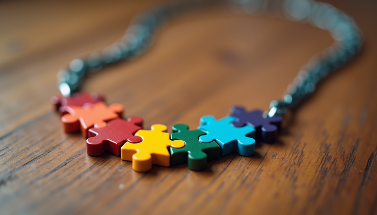Eye-level view of a colorful spectrum-themed necklace on a wooden table