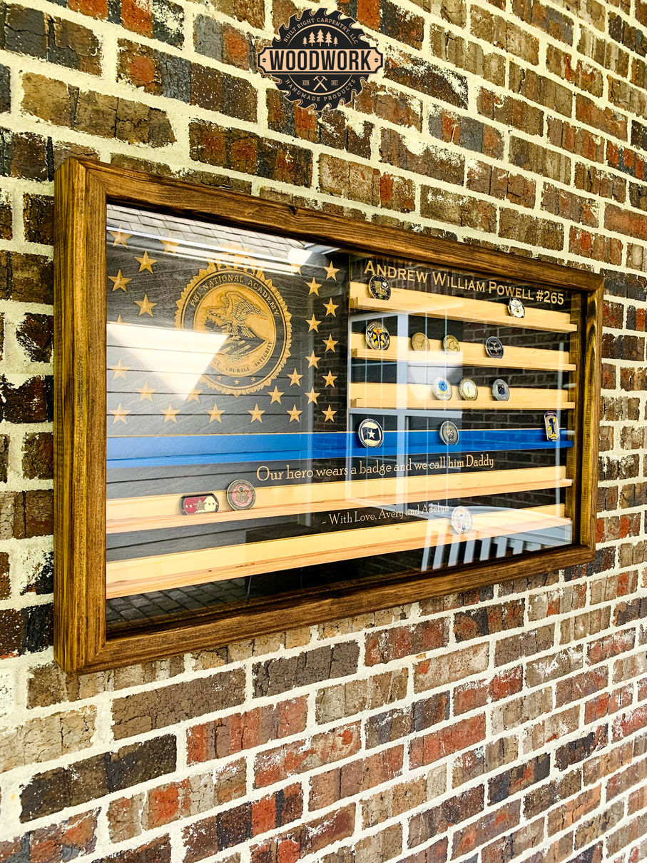 Thumbnail: XL US Flag Thin Blue Line Challenge Coin Display Case w/ Hinged Door