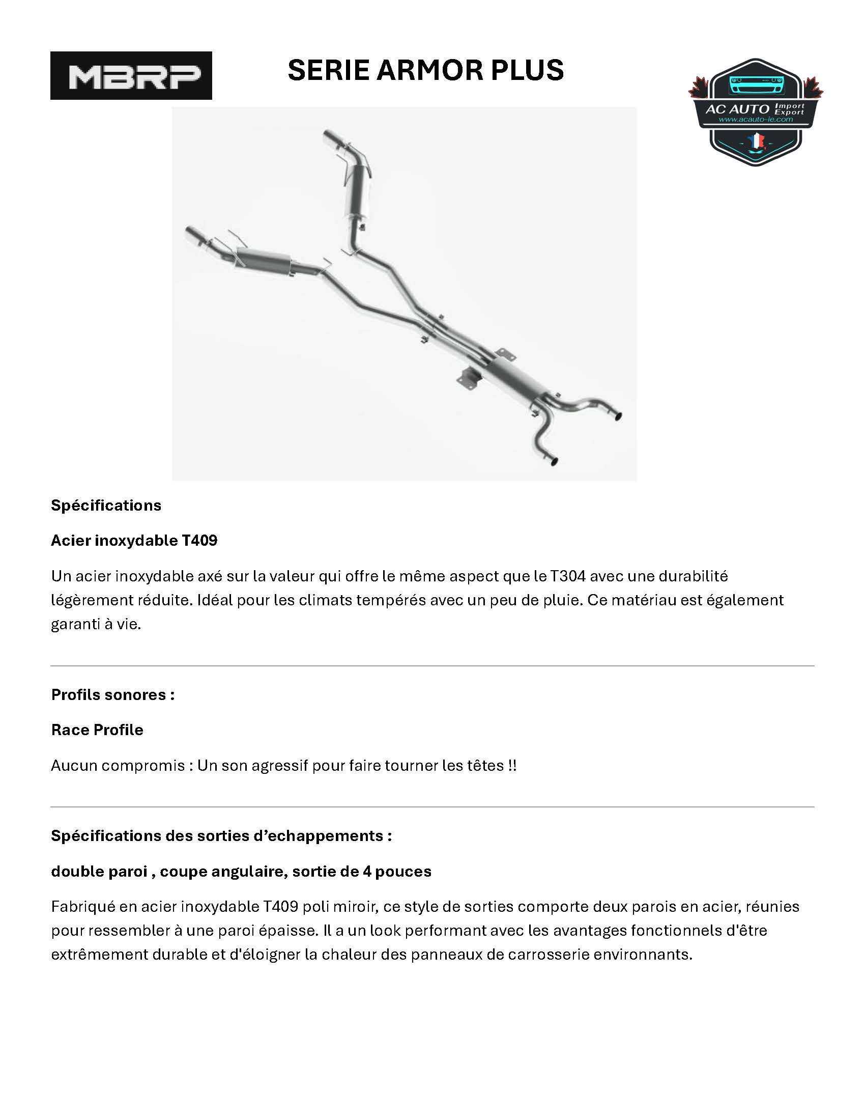 LIGNE MBRP COMPLETE APRES CATA, pour Camaro 6.2L 2010-2015, double sorties