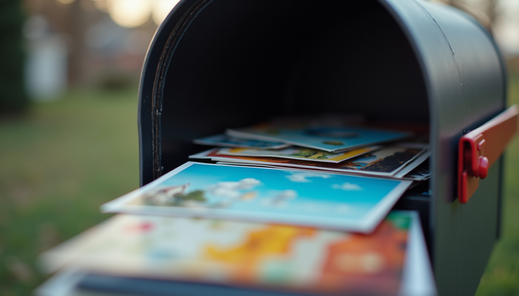 Eye-level view of a mailbox with colorful postcards neatly arranged inside