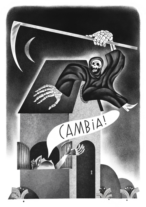 Illustration du mythe "cambia" corse. On voit la mort sortir de la maison d'un corse après qu'il lui ait hurlé de changer de maison.

Illustration Fanny-Romy Delmas Toulouse
