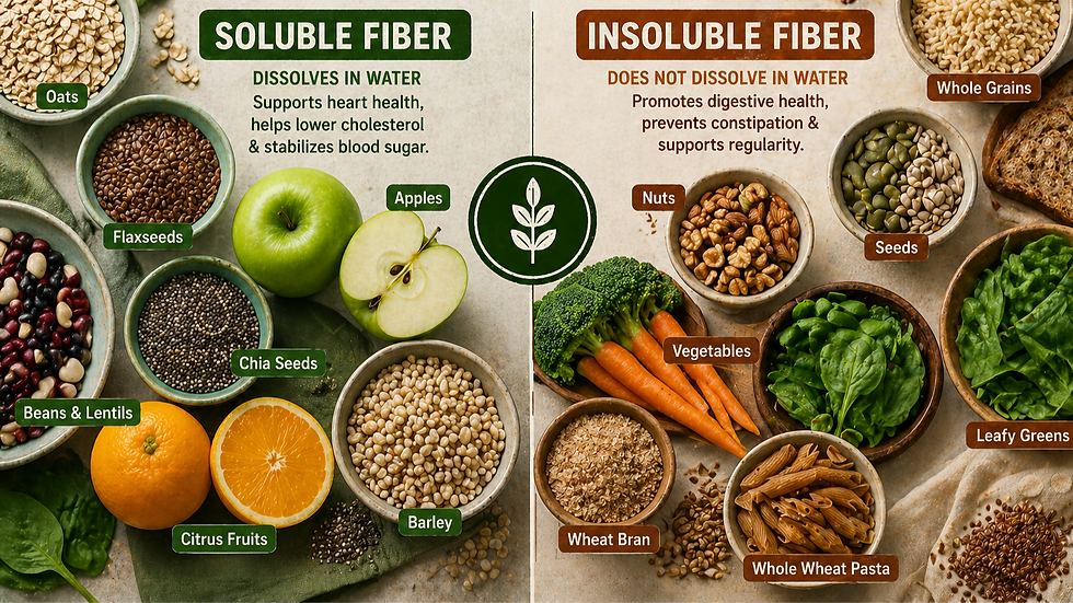 Multiple Soluble and Insoluble Fibers displayed on table with labels.Vegitables, Seeds, Fruits, Nuts, Oats, Beans, Grains, Greens.