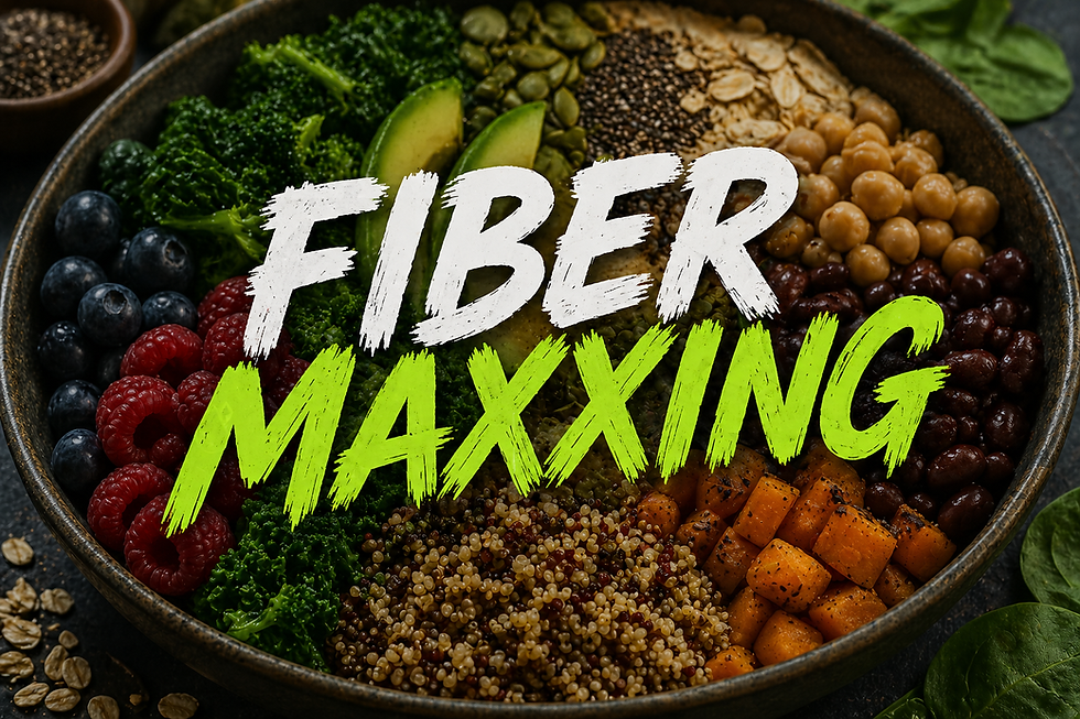 fiber maxxing title centered text, with various tasty fiber-foods in a bowl as background.