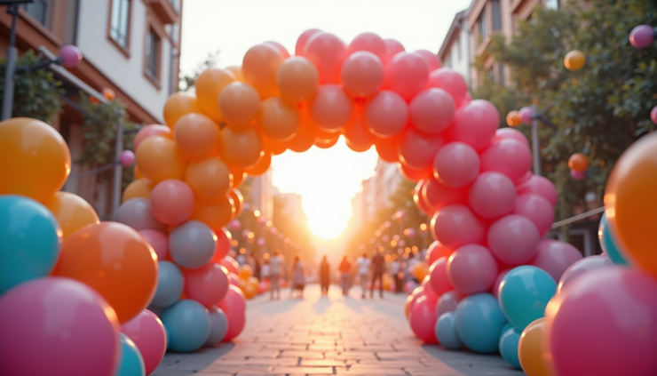 Göz hizasında renkli balonlardan oluşan büyük bir balon arkı
