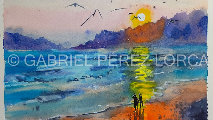 Pareja y atardecer en playa 28x28cms