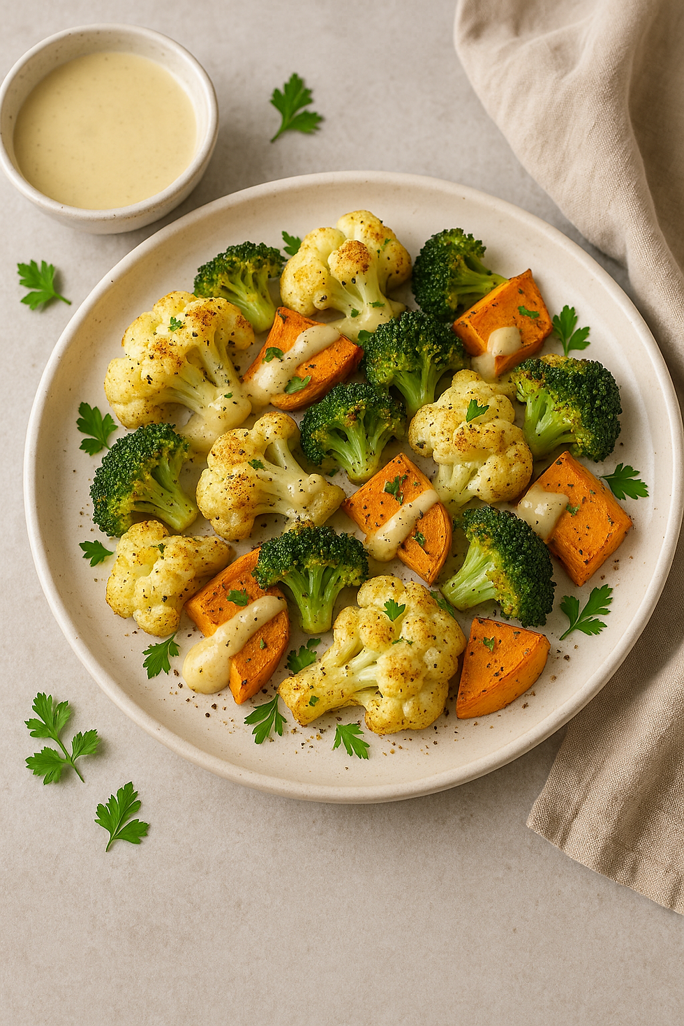 Gebackener Blumenkohl mit Brokkoli, Süßkartoffel und Zitronen-Tahini-Sauce, antientzünliches Mittagessen, perfekt bei Hashimoto
