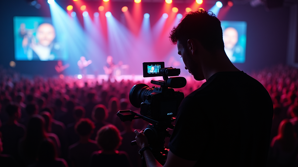 High angle view of a videographer adjusting camera settings at a live concert