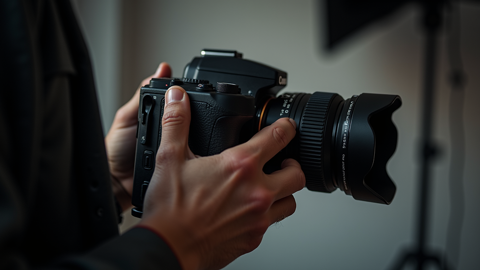 Close-up view of a photographer adjusting camera settings in a studio