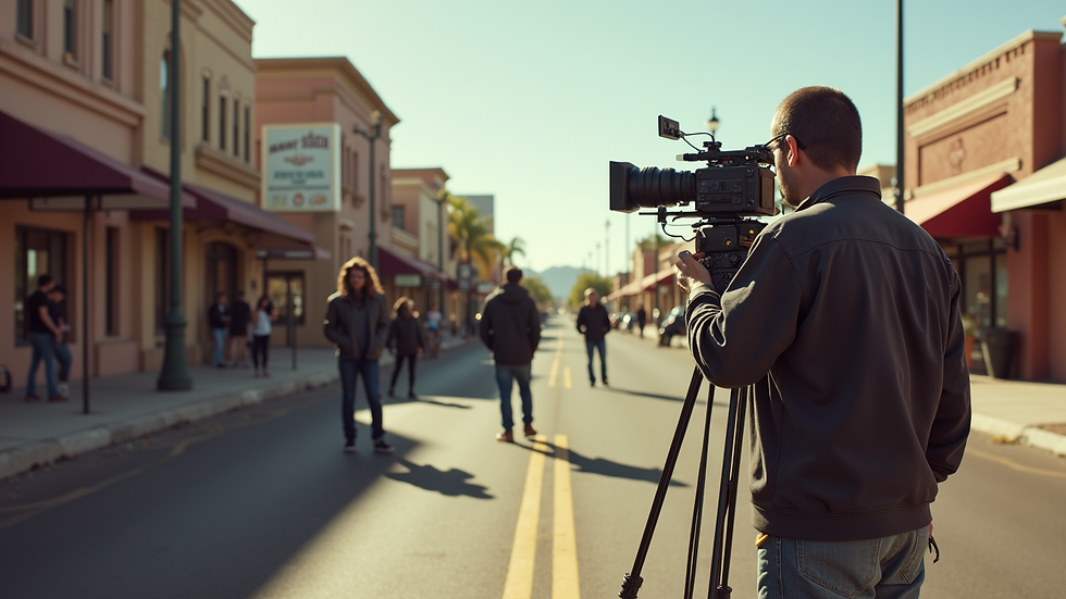 Wide angle view of a film crew setting up cameras in an urban Arizona street