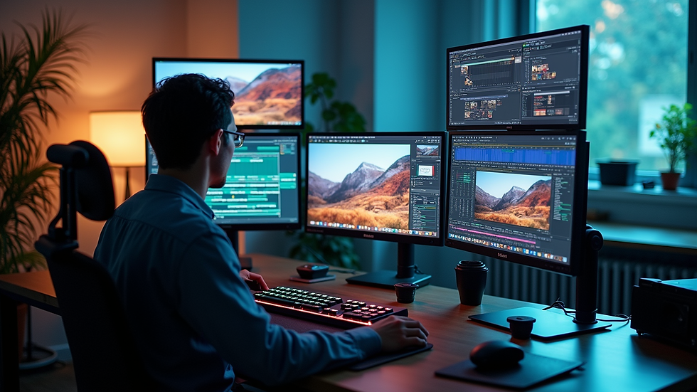High angle view of a video editing workstation with multiple screens
