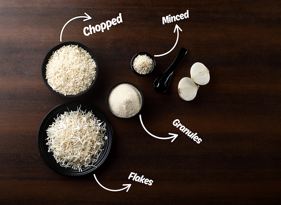 Various forms of dried onion, including chopped, flakes, granules, and minced.