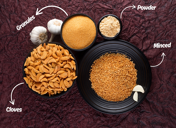 Various forms of dried garlic, including whole cloves, granules, powder, and minced.